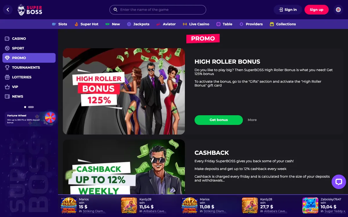 SuperBoss Casino — Promotions, captured from Chile