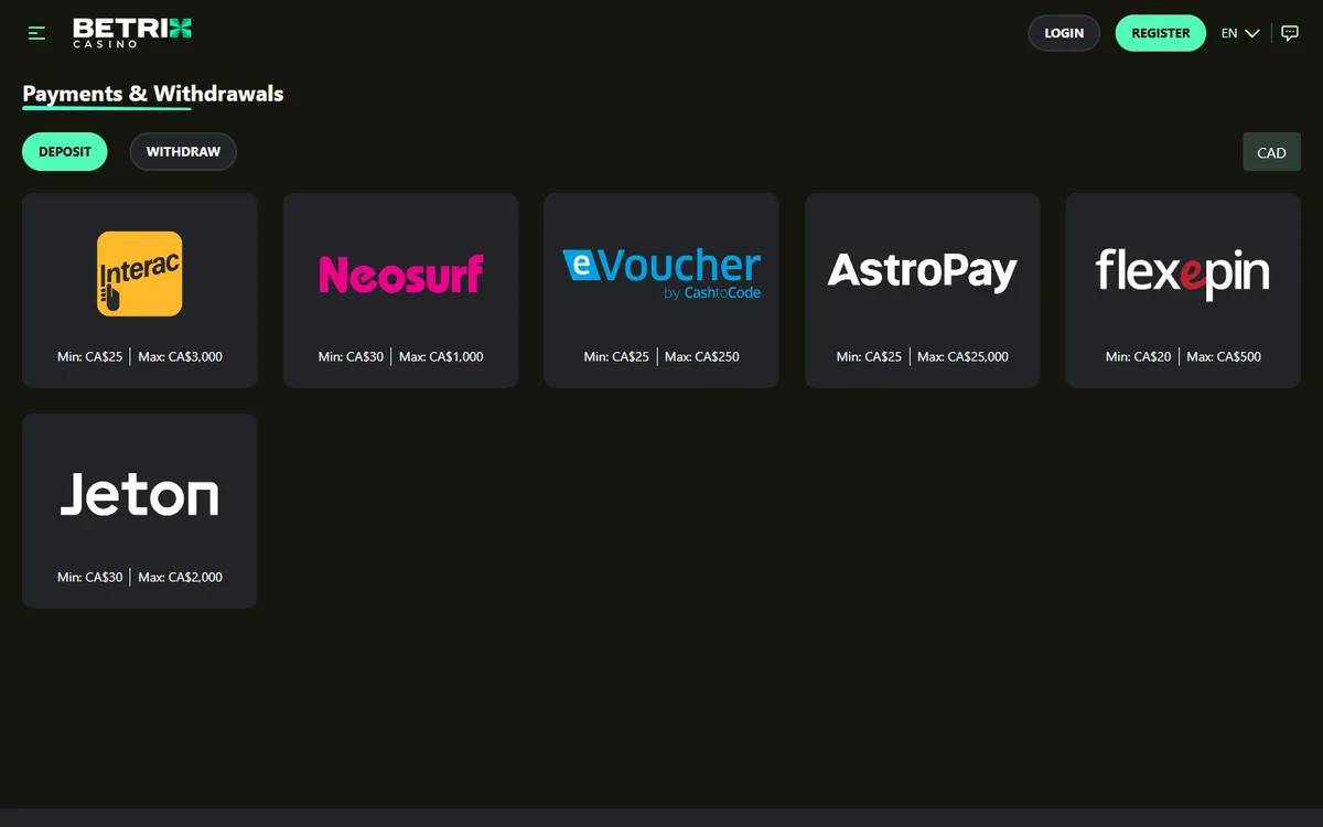 Betrix Casino — Payments, captured from Canada