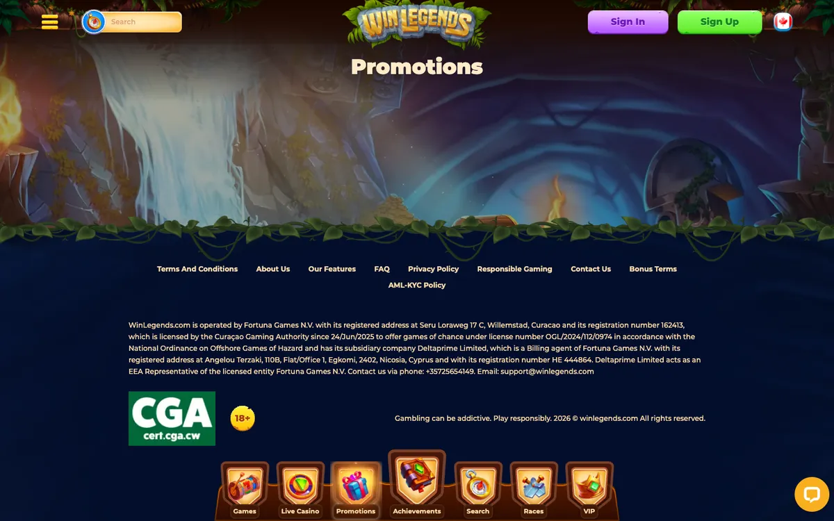 WinLegends Casino — «Акции», снято из страны Канада