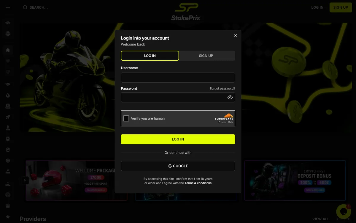 StakePrix Casino — «Регистрация», снято из страны Австрия