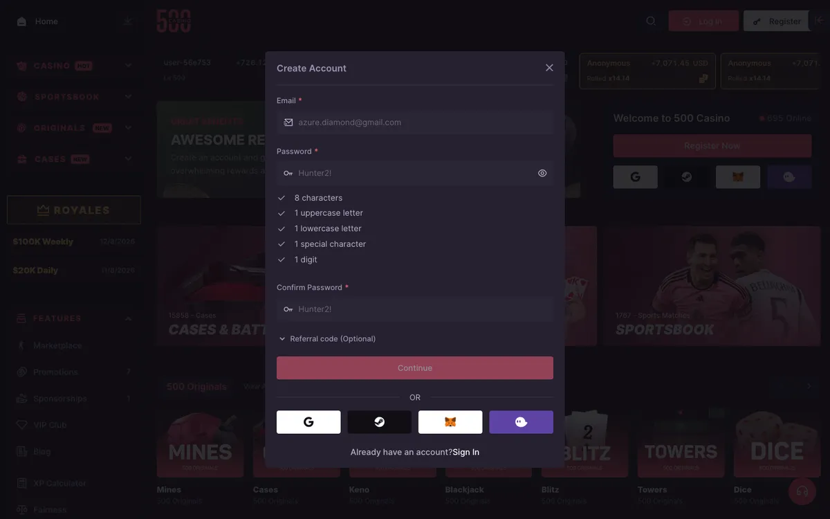 500 Casino — «Регистрация», снято из страны Австралия