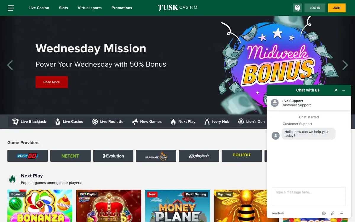 Tusk Casino — Home page, captured from South Africa
