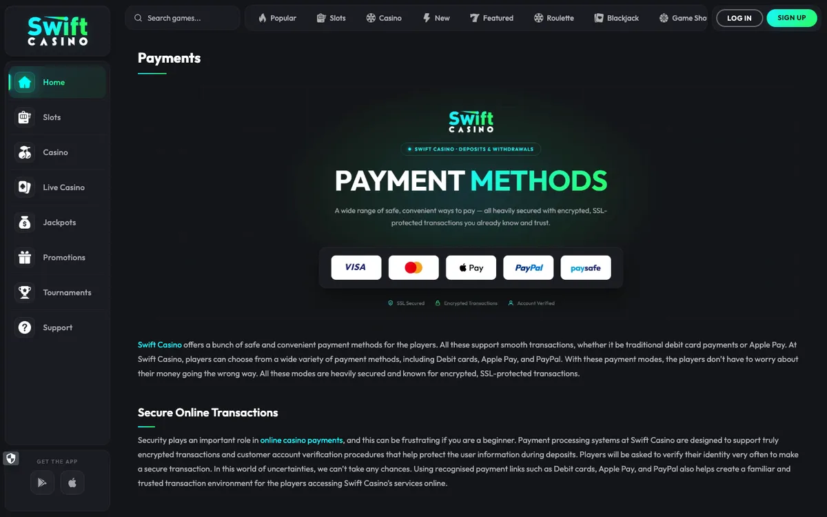 Swift Casino — Payments, captured from United Kingdom