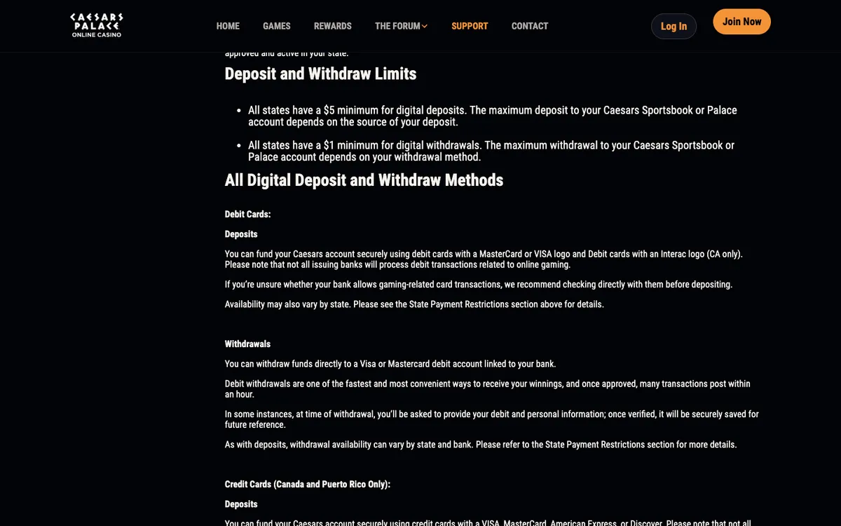 Caesars Palace Casino USA — Payments, captured from United States