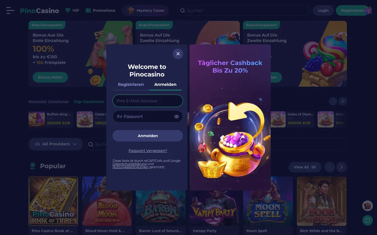 PinoCasino — «Регистрация», снято из страны Австрия