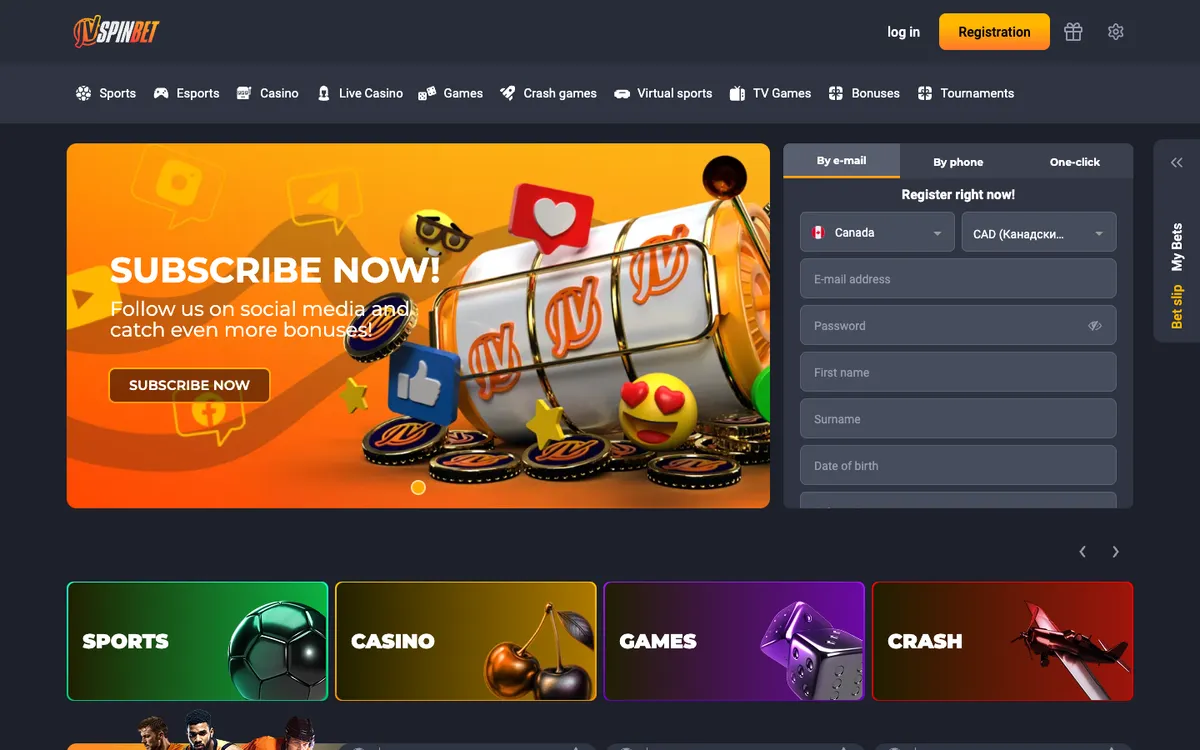 JVSPINBET Casino — Home page, captured from Canada