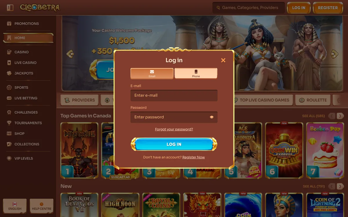 Cleobetra Casino — Sign-up, captured from Canada