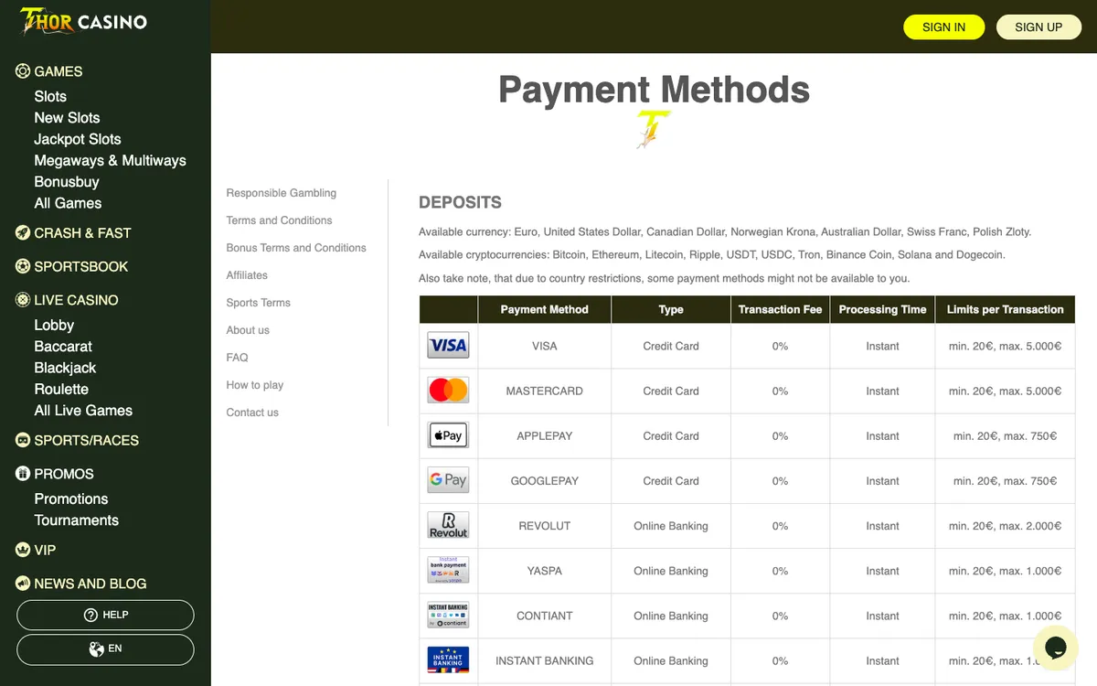 Thorcasino — Payments, captured from Belgium