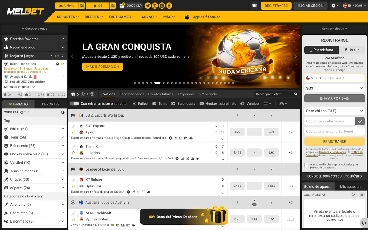 Melbet Casino — Home page, captured from Chile