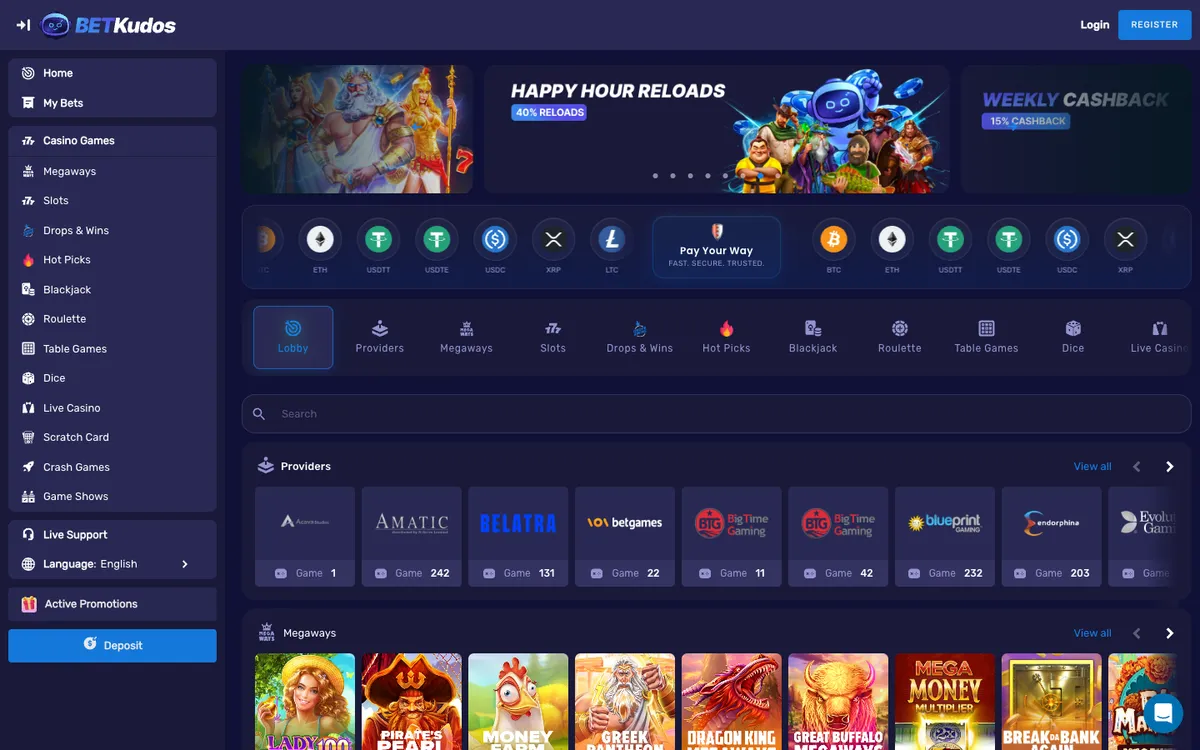 BetKudos Casino — Home page, captured from Brazil