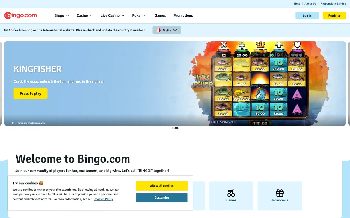 Bingo.com Casino — Home page, captured from Brazil