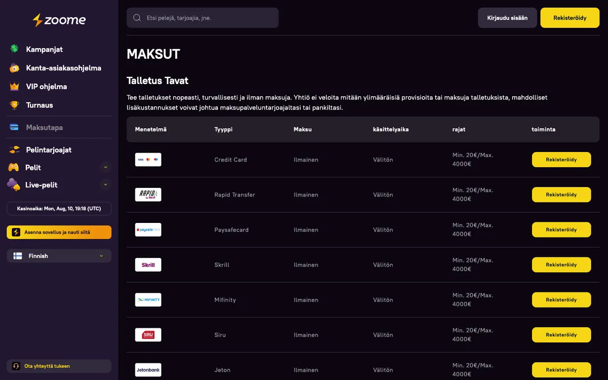 Zoome Casino — Payments, captured from Finland