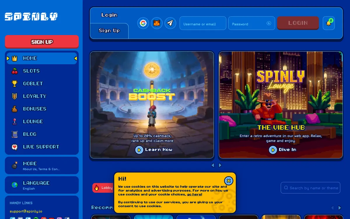 Spinly Casino — Home page, captured from Canada