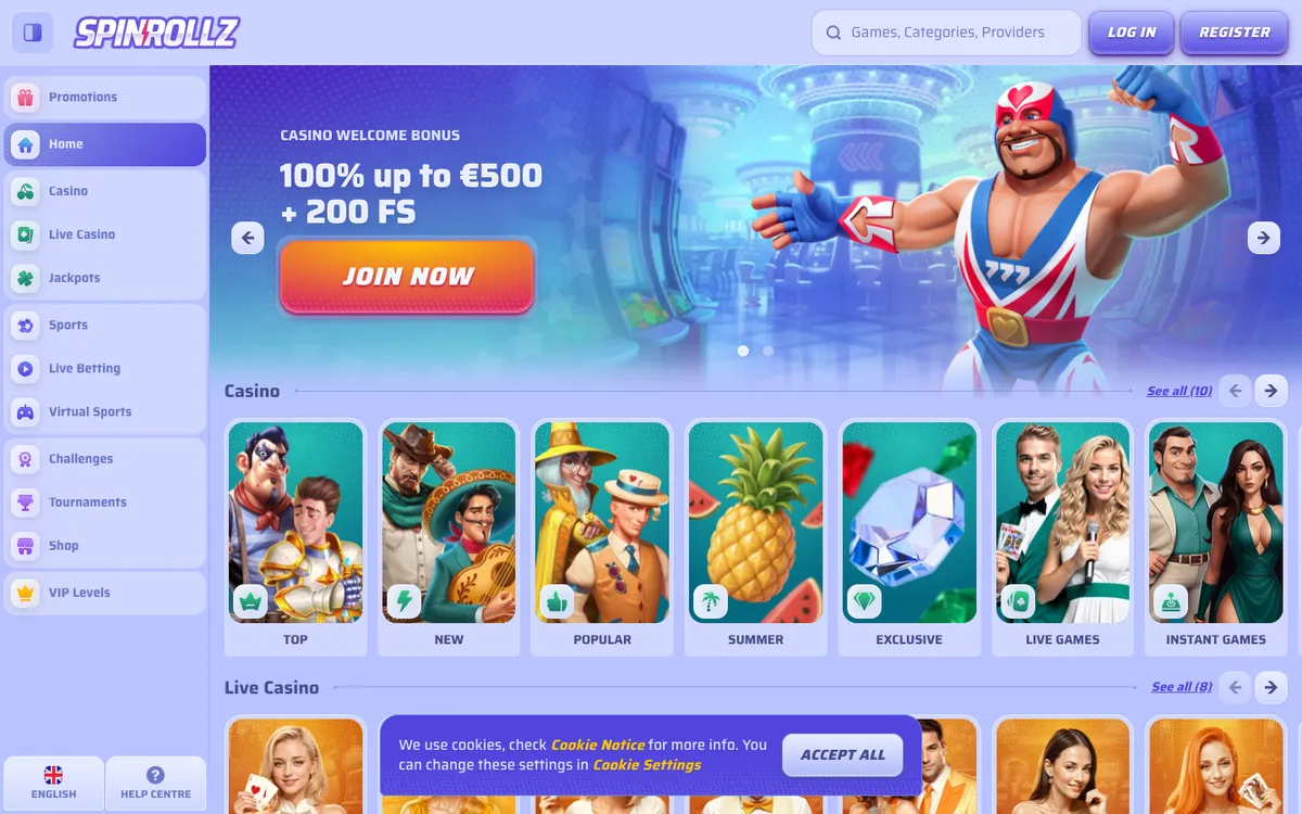 Spinrollz Casino — Home page, captured from South Africa