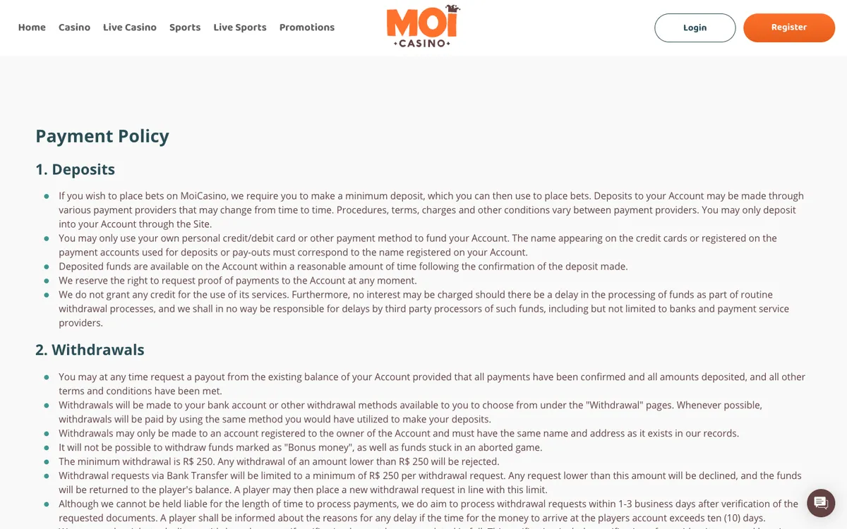 MoiCasino — Payments, captured from Belgium