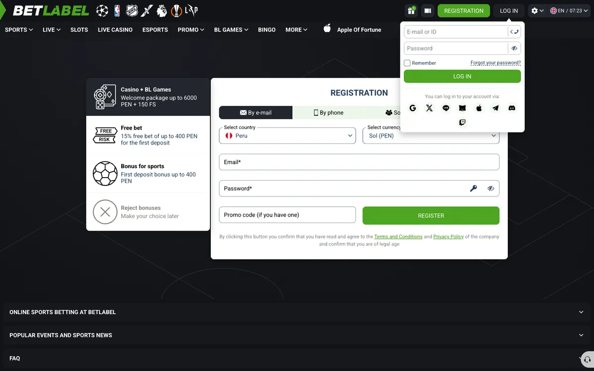 BetLabel Casino — Sign-up, captured from Peru