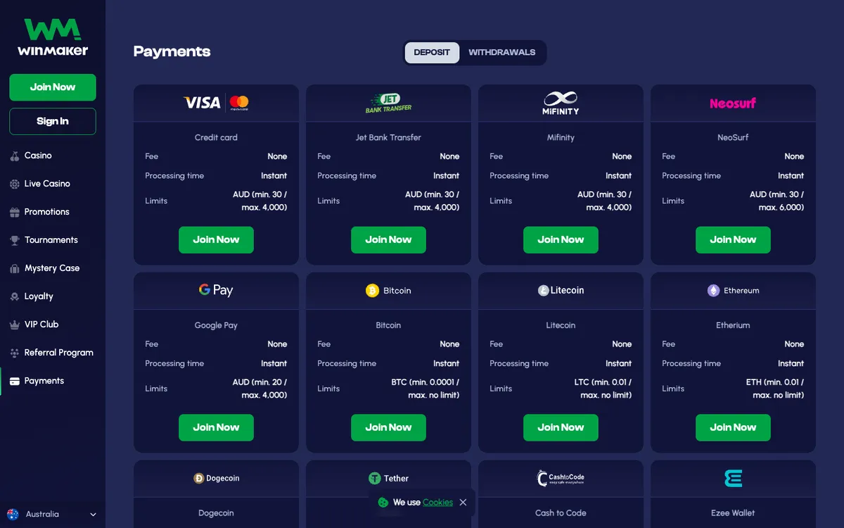 Winmaker Casino — Payments, captured from Australia