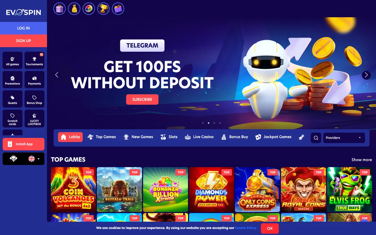 Evospin Casino — Home page, captured from United Arab Emirates