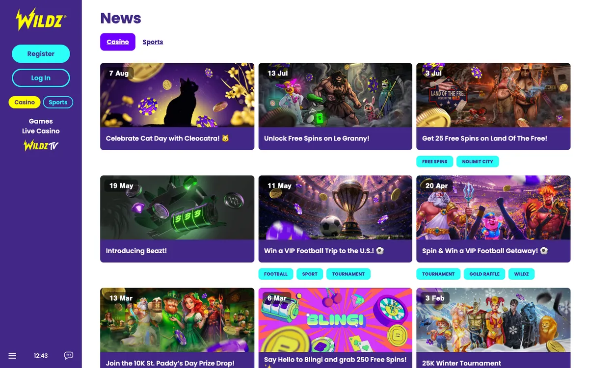 Wildz Casino — Promotions, captured from Belgium