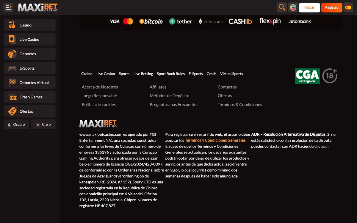 Maxibet Casino — «Главная», снято из страны Чили