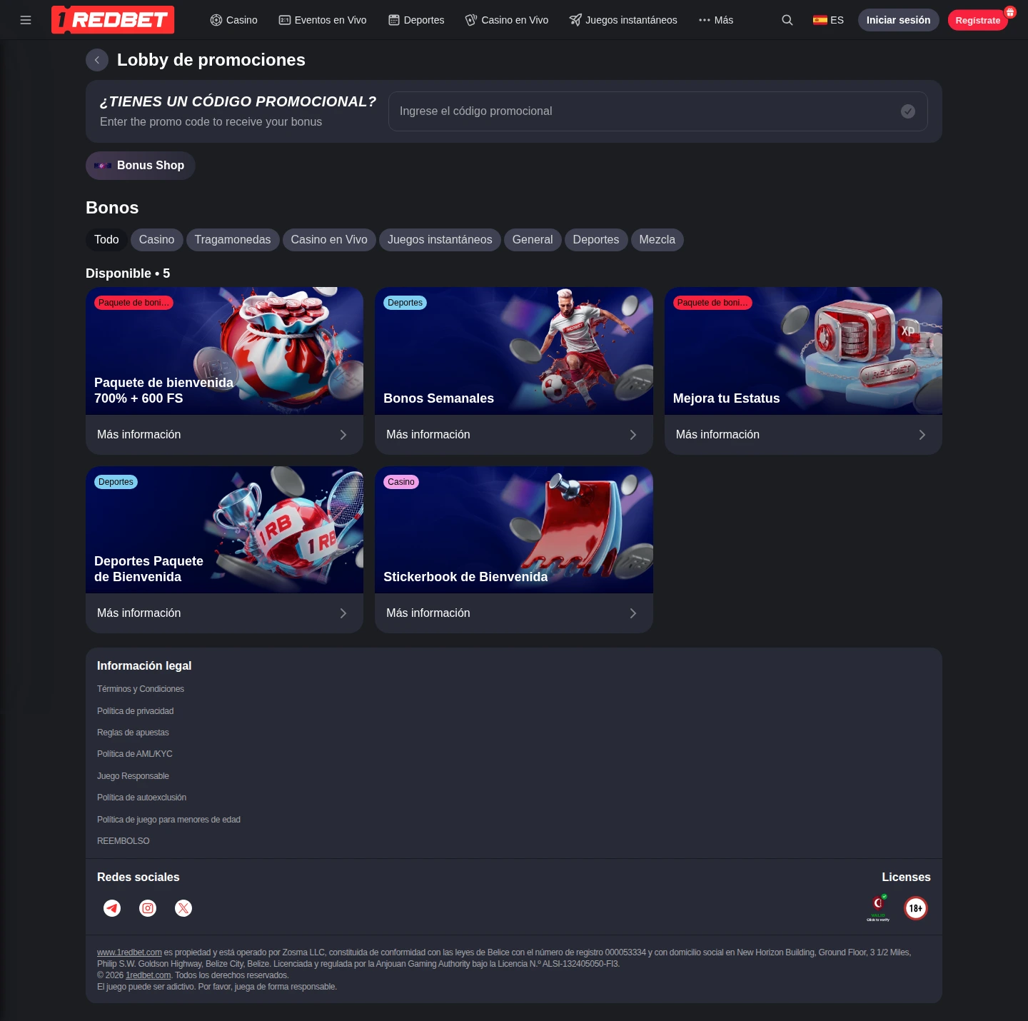 1RedBet Casino — «Акции», снято из страны Чили