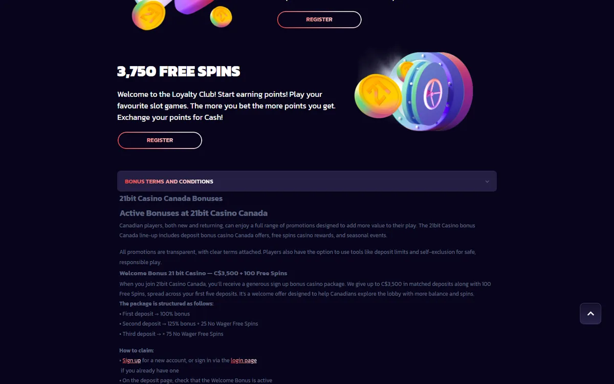 21bit Casino — Promotions, captured from Canada