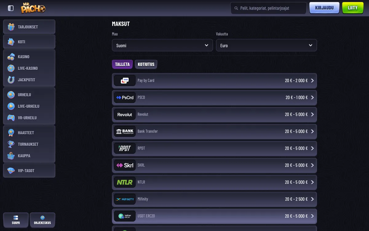 MrPacho Casino — «Платежи», снято из страны Финляндия