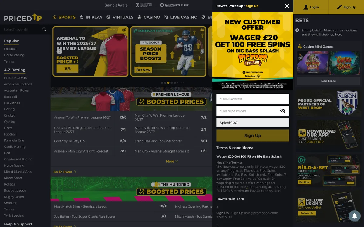 PricedUp Casino — Home page, captured from United Kingdom