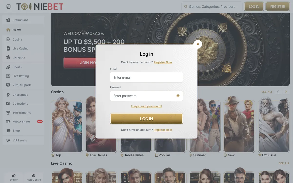 Tooniebet Casino — Sign-up, captured from Canada