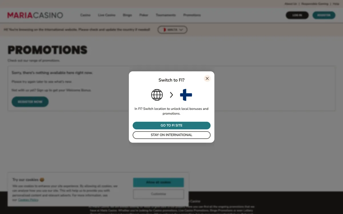 Maria Casino — Promotions, captured from Finland