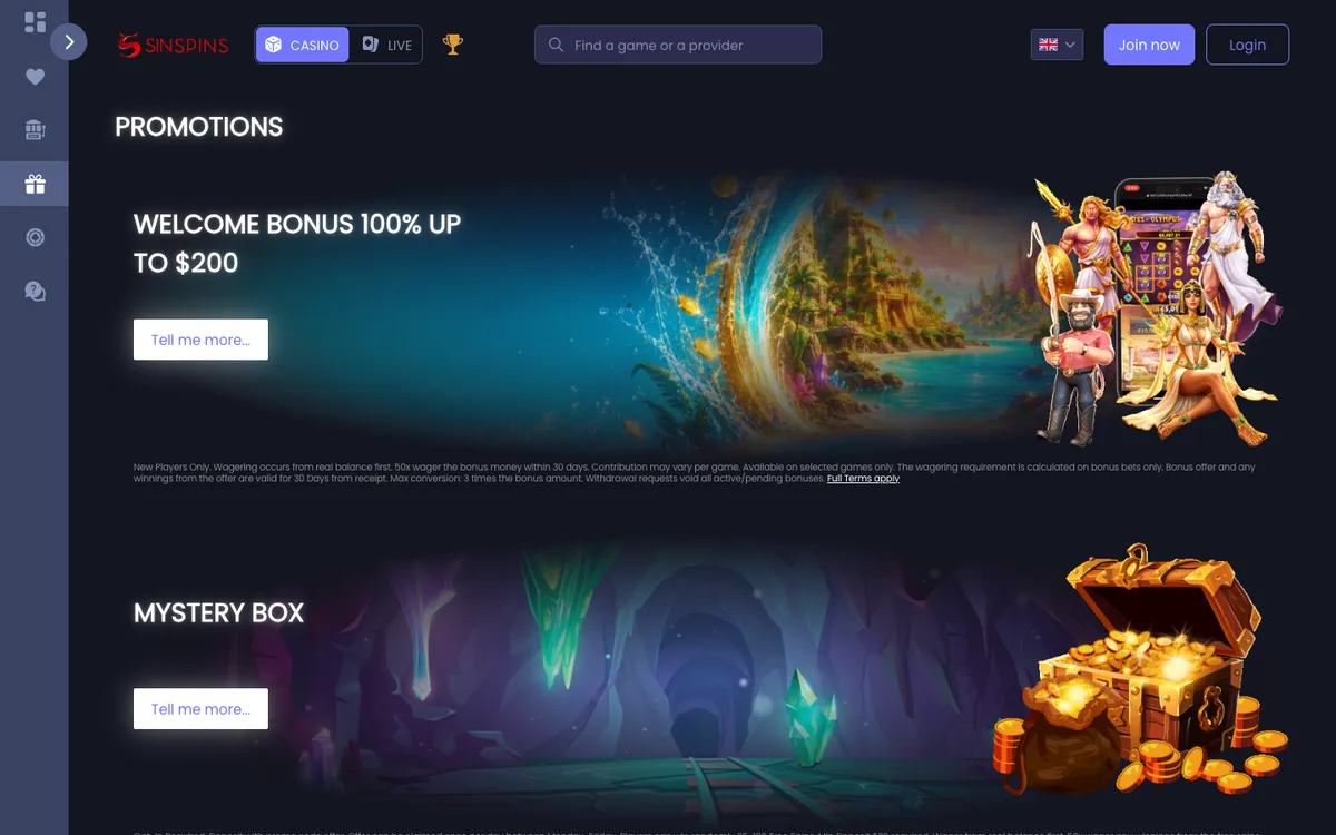 Sin Spins Casino — Promotions, captured from Australia