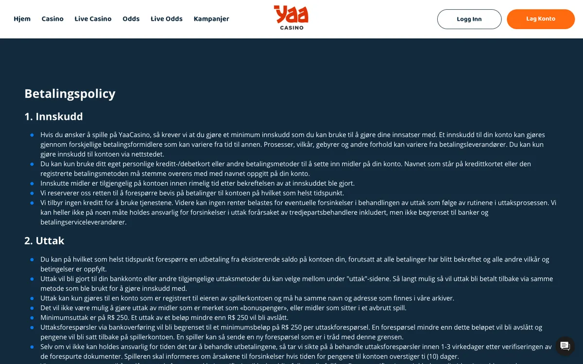 YaaCasino — Payments, captured from Norway