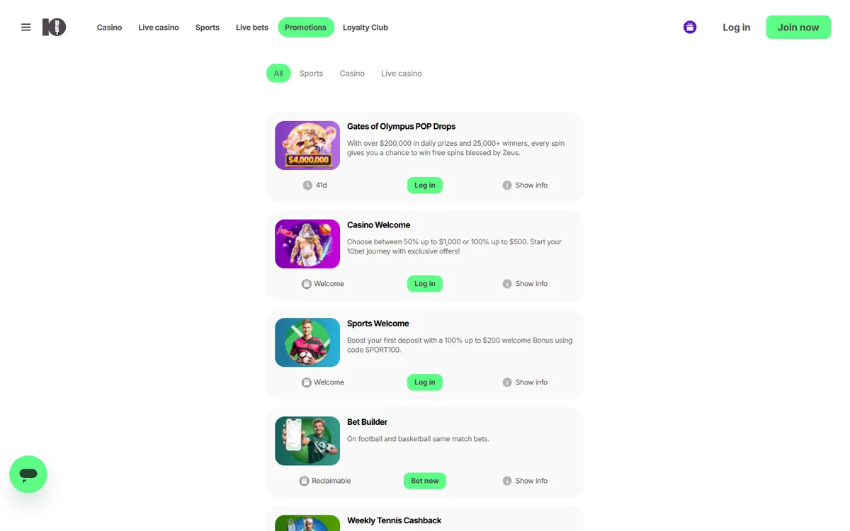 10bet Casino — Promotions, captured from Canada