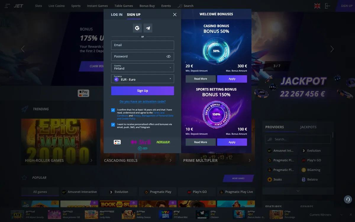 Jet Casino — «Главная», снято из страны Финляндия