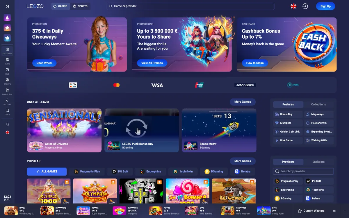 Legzo Casino — Home page, captured from Belgium