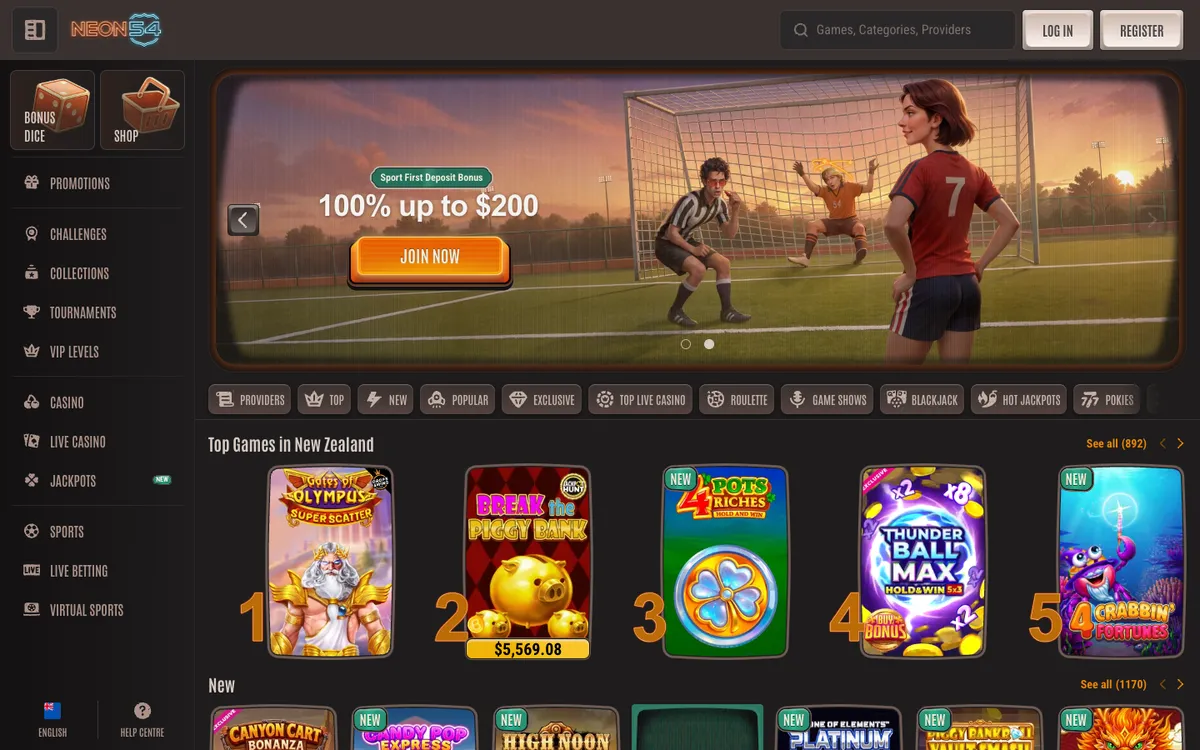 Neon54 Casino — Home page, captured from New Zealand