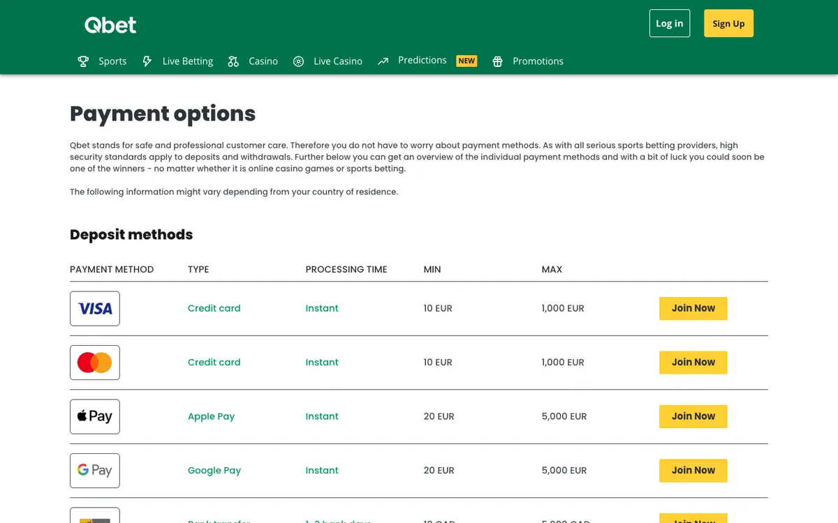 Qbet Casino — Payments, captured from Austria