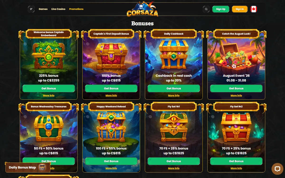Corsaza Casino — Promotions, captured from Canada