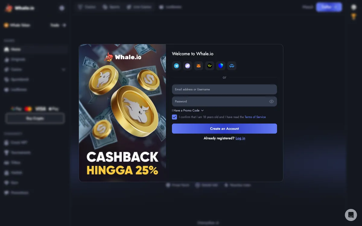 Whale Casino — Sign-up, captured from Indonesia