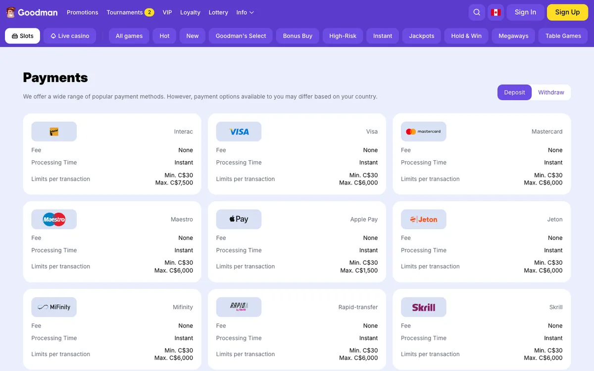 Goodman Casino — Payments, captured from Canada