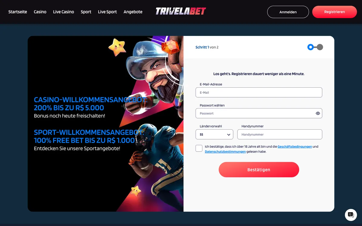 TrivelaBet Casino — Sign-up, captured from Austria