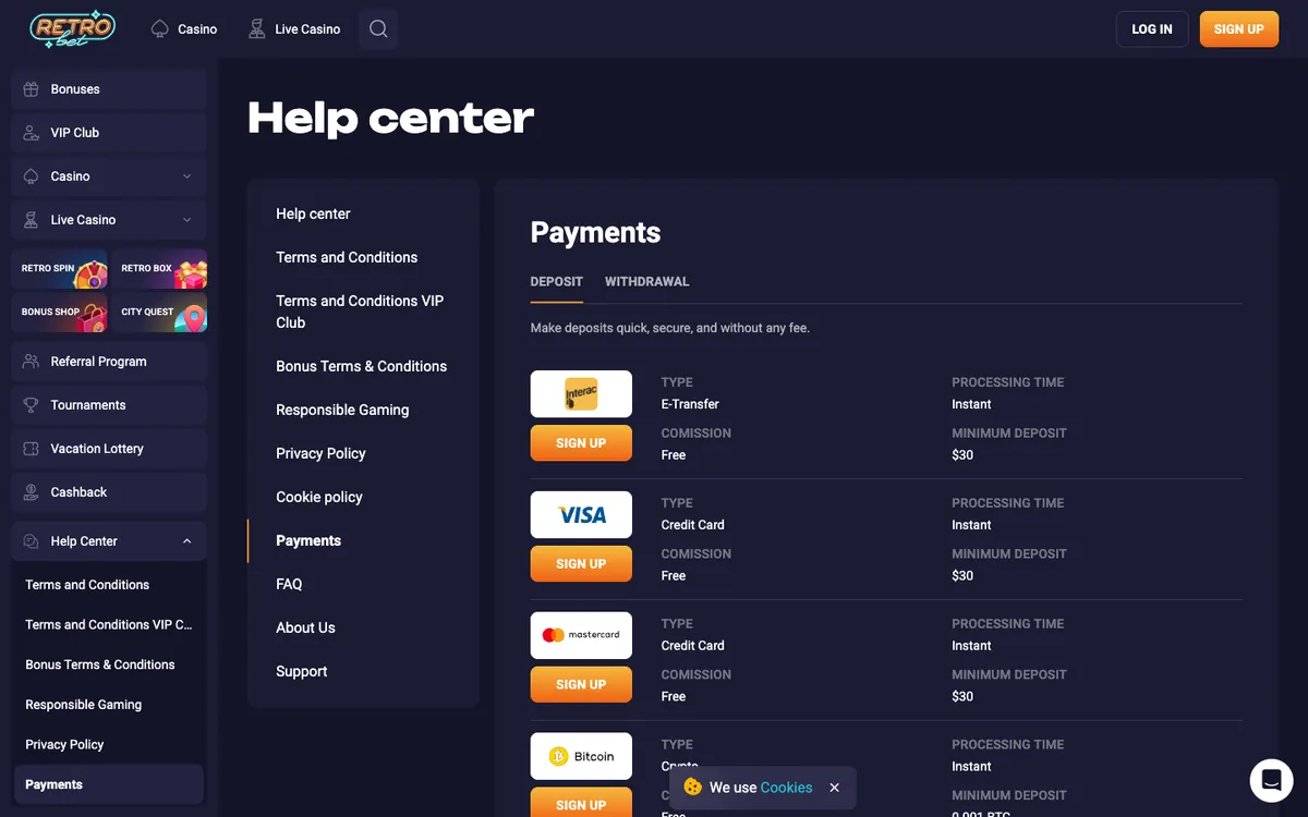 Retro Bet Casino — Payments, captured from Australia