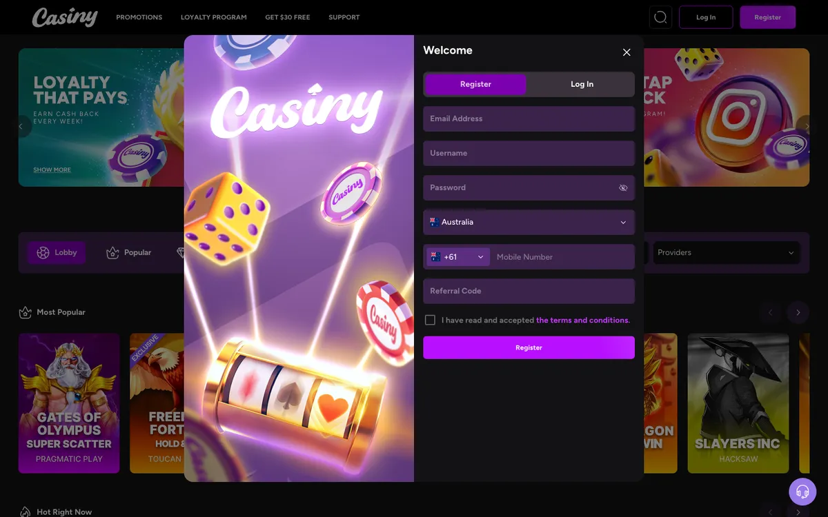 Casiny Casino — Sign-up, captured from Australia