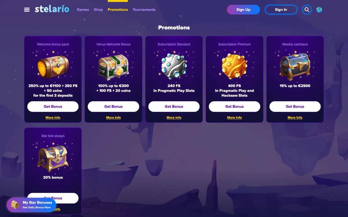 Stelario Casino — Promotions, captured from Canada