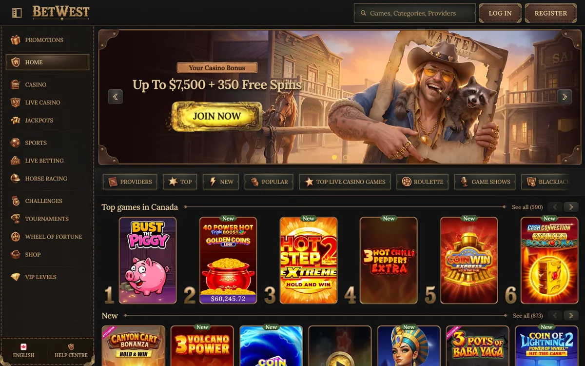 BetWest Casino — Home page, captured from Canada