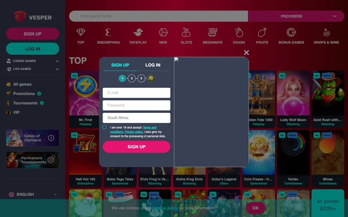 Vesper Casino — «Регистрация», снято из страны Южно-Африканская Республика