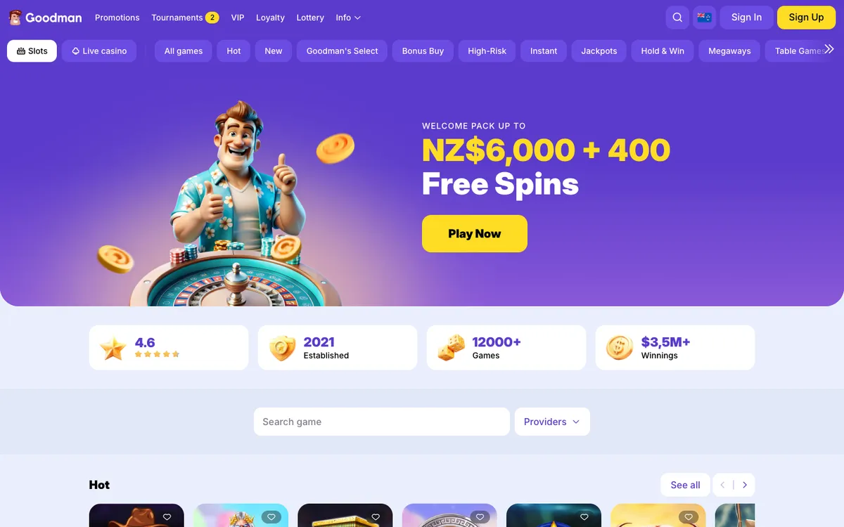 Goodman Casino — Home page, captured from New Zealand