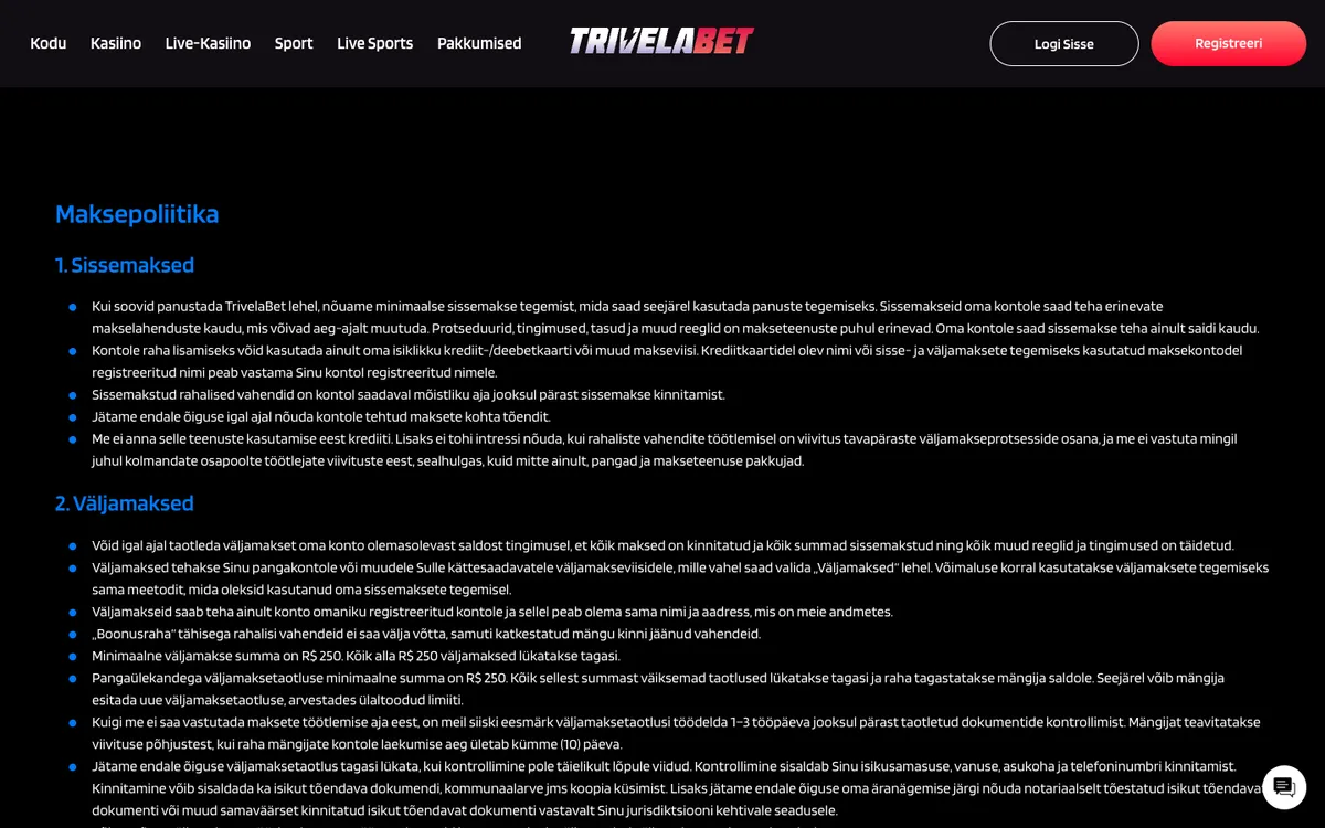 TrivelaBet Casino — Payments, captured from Estonia