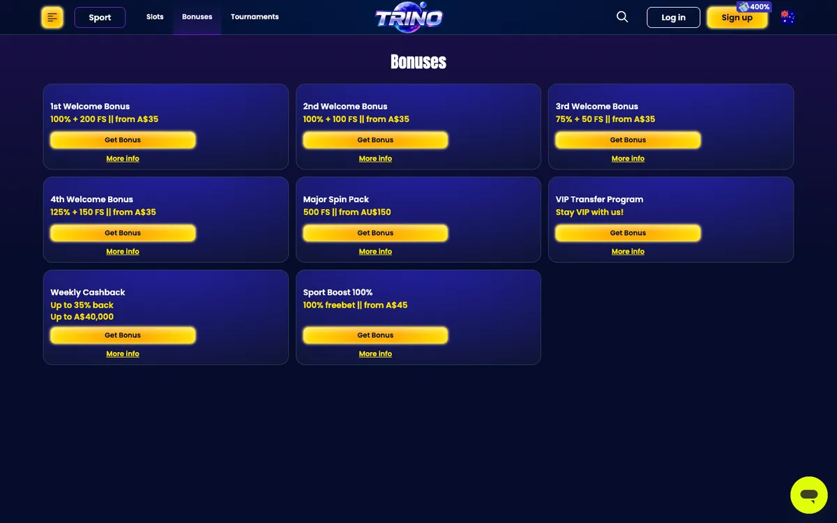 Trino Casino — Promotions, captured from Australia