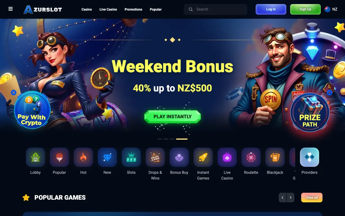 AzurSlot Casino — Home page, captured from New Zealand